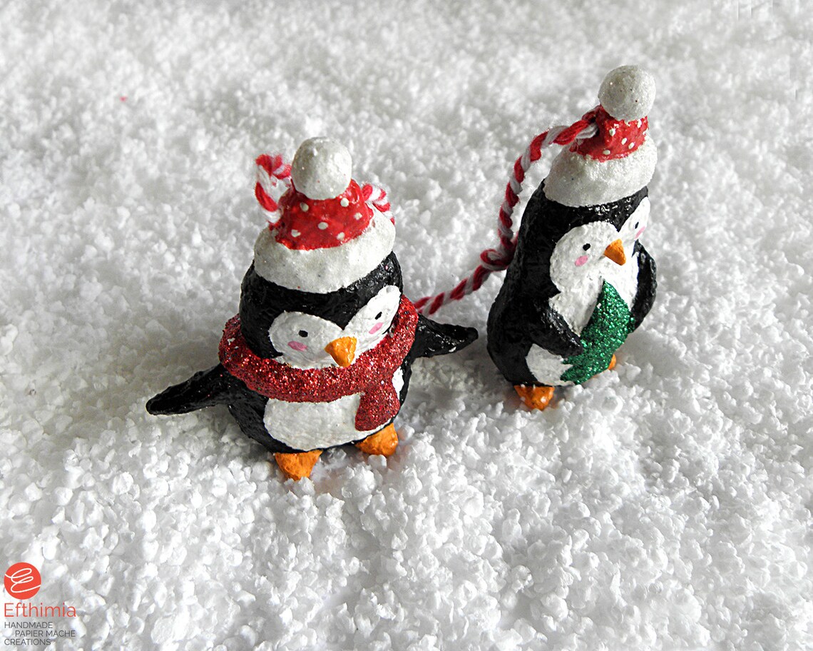 Paper Mache Christmas Penguin Ornaments, Hanging Penguins, Christmas
