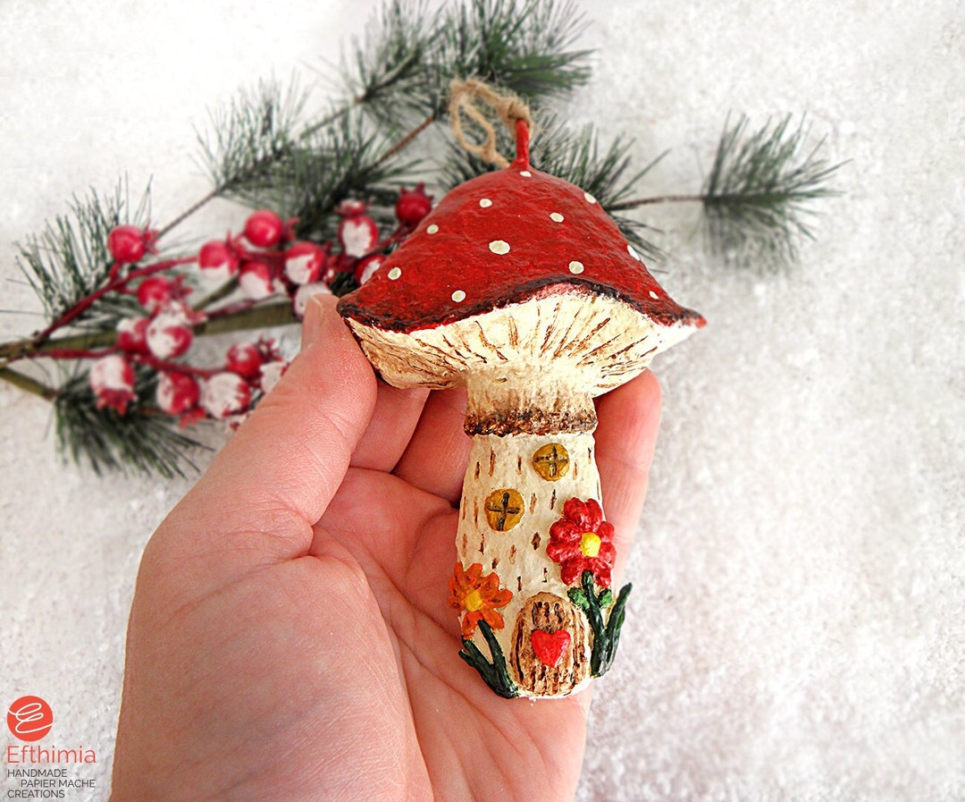 Paper Mache Mushroom House Ornament Hanging Mushroom Decor Etsy