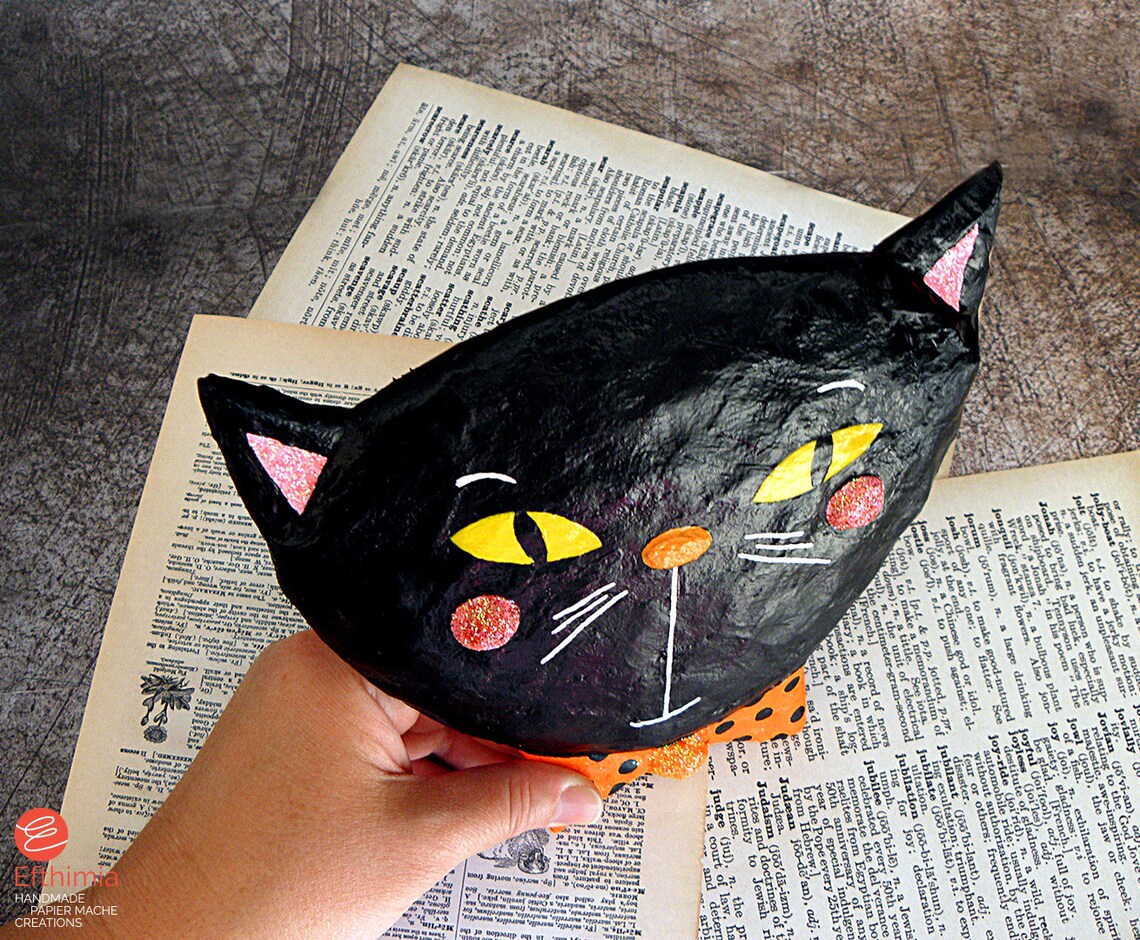 Paper Mache Black Cat Wall Decor Halloween Black Cat Head Etsy