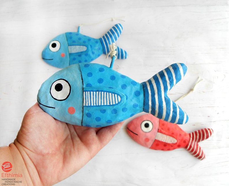 Paper Mache Blue Fish Ornament Fish Wall Hanging Whimsical Etsy