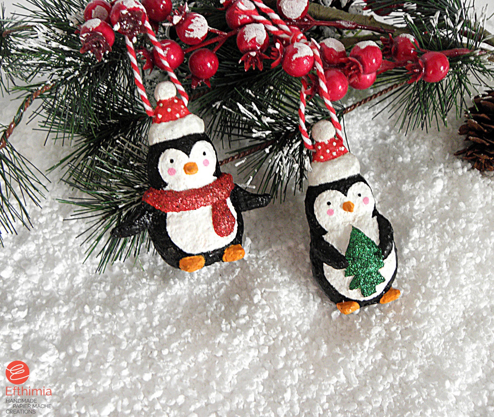 Paper Mache Christmas Penguin Ornaments, Hanging Penguins, Christmas