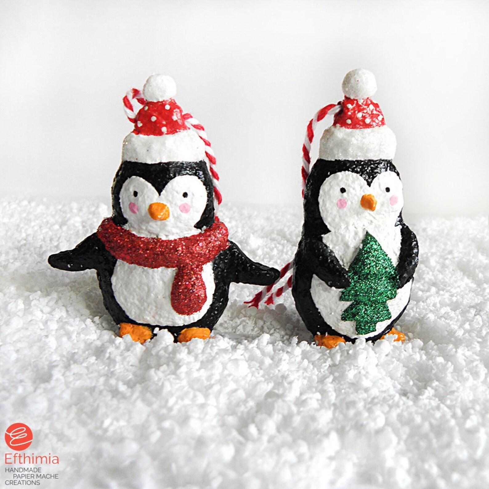 Paper Mache Christmas Penguin Ornaments, Hanging Penguins, Christmas