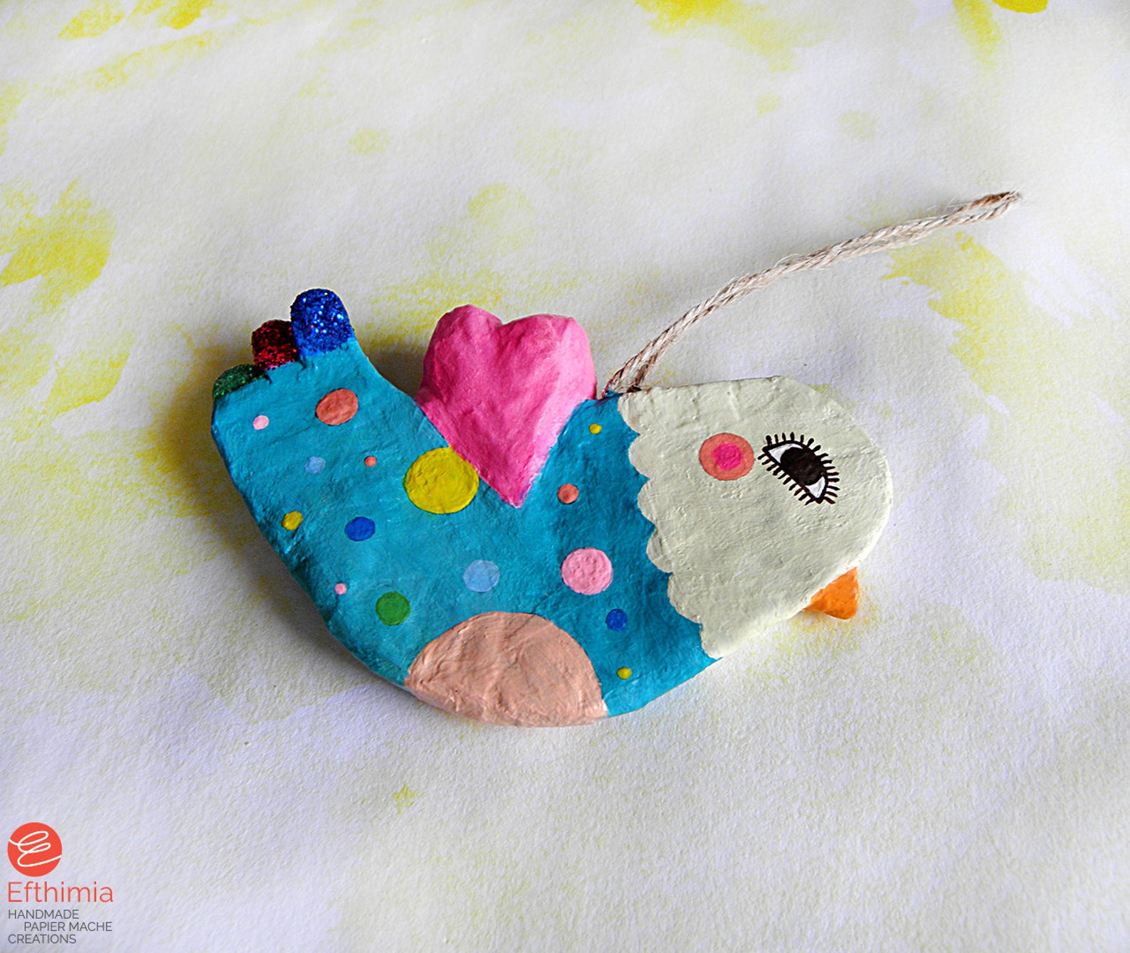 Paper Mache Colorful Bird Ornament, Decorative, Whimsical Paper Mache