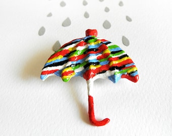 Bunter Regenschirm-Brosche, Papiermache-Regenschirm, Mixed Media-Regenschirm-Pin, Papierschirm-Brosche, Regenschirm, Papierschmuck, regnerischer Tag Pin