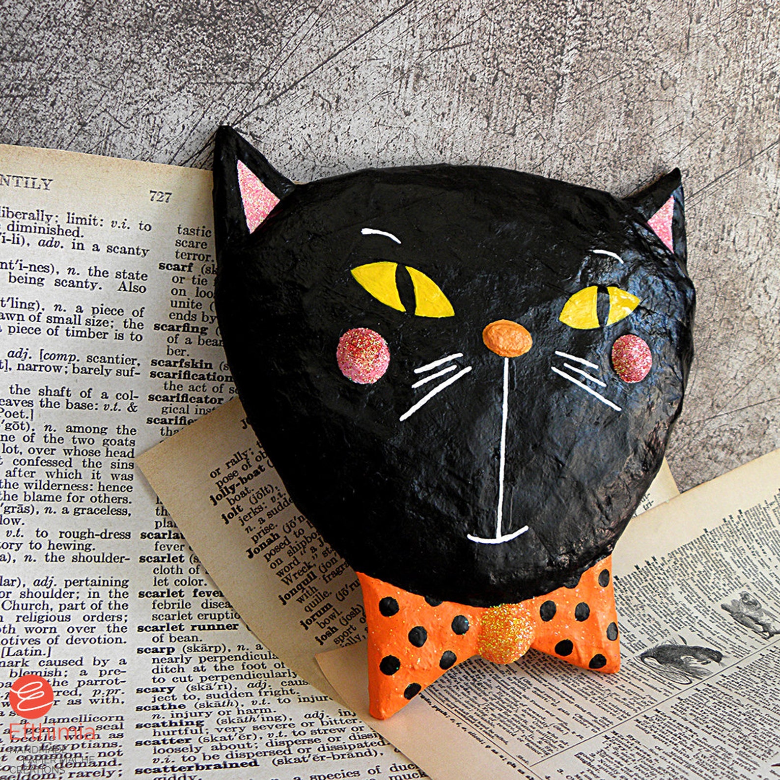 Paper Mache Black Cat Wall Decor, Halloween Black Cat Head Sculpture