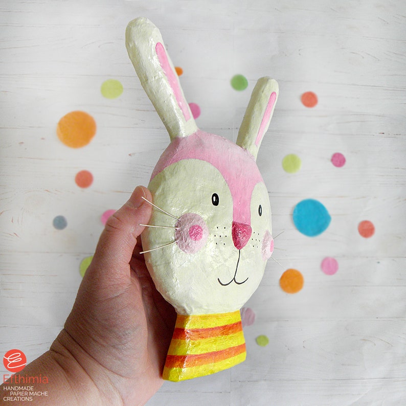 Paper Mache Bunny Head, Papier Mache Animal Sculpture, Bunny Kids Wall
