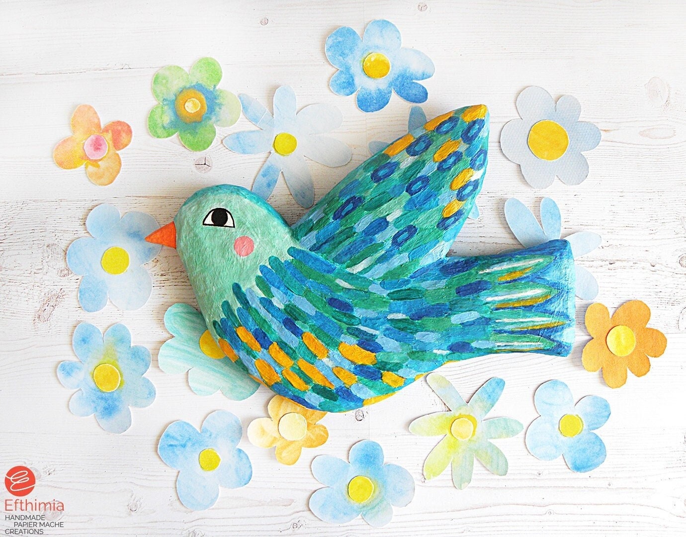Paper Mache Blue Green Bird Wall Art, Bird Wall Hanging