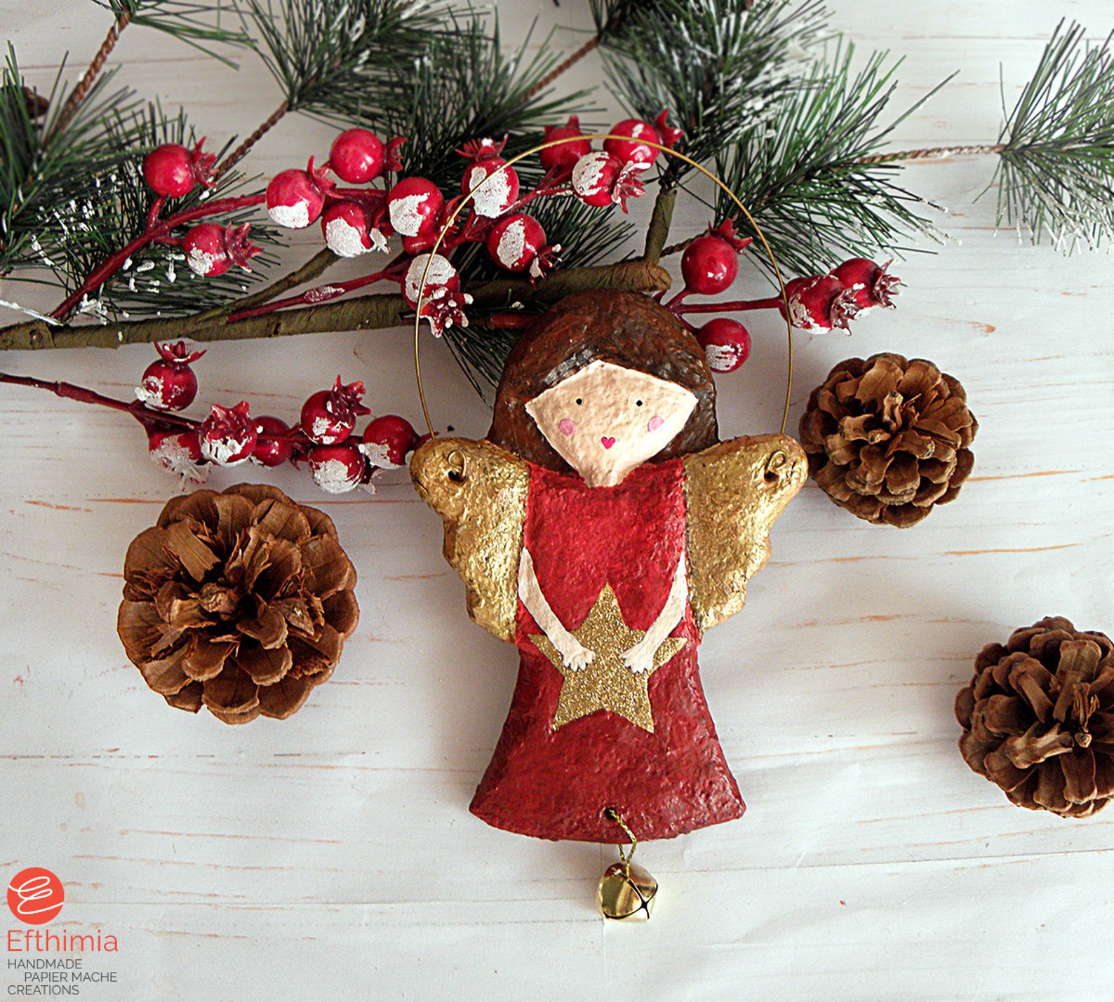Paper Mache Angel Christmas Ornament, Hanging Angel Decor, Christmas
