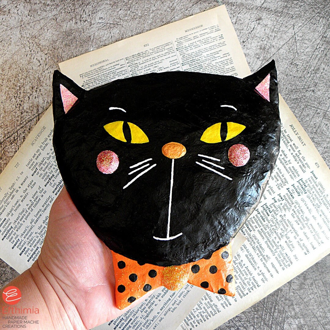 Paper Mache Black Cat Wall Decor, Halloween Black Cat Head Sculpture