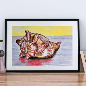 Sea Conch Druck, Farbstifte Malerei einer Muschel, Muschel, Ozean, Leben im Meer, Unterwasser, Wanddekoration, Dekoration, Wandkunst, Poster
