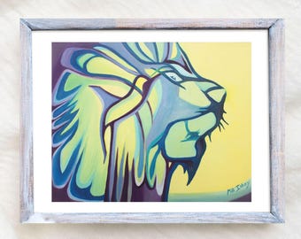 Lion - Print, Abstract Art, Blue & Yellow Lion, Oil Painting , Modern Colourful Wall Decor, Animal, Home Art.