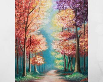 Herbst im Wald - Ölgemälde. Original Kunstwerk von Mili Ishay (7 "x 9,5"") Herbst Landschaft, Bäume, Herbst Vibes, kleine Malerei, Wand Kunst