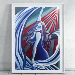 Aesthatic Wave - Print, Artwork by Mili Ishay, Sexy Female Dancer, Oil Painting, Blue Art, Modern Colourful Wall Decor, Woman Painting