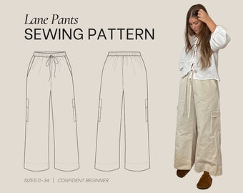 Patron de couture PDF pour pantalons Lane | Taille comprise 0-34 | Adapté aux débutants | Tutoriel vidéo détaillé