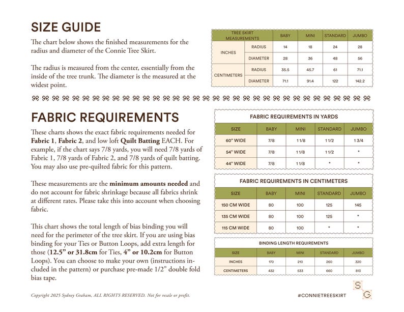 May include: A detailed size and fabric requirements guide for a Connie Tree Skirt, including measurements in inches and centimeters, and fabric needs in yards and centimeters. The guide also includes binding length requirements.