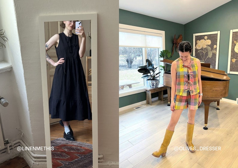 May include: Two women wearing different outfits. The woman on the left is wearing a black sleeveless dress with a bow at the neckline. She is standing in front of a mirror. The woman on the right is wearing a sleeveless top and shorts with a plaid pattern in shades of pink, yellow, and blue. She is wearing yellow boots and standing in a room with a piano and a large window.