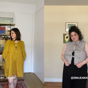 May include: Two women wearing different styles of tops with a bow detail. The woman on the left is wearing a yellow dress with a bow at the neckline. The woman on the right is wearing a striped sleeveless top with a bow at the neckline. Both women are standing in front of a wall.