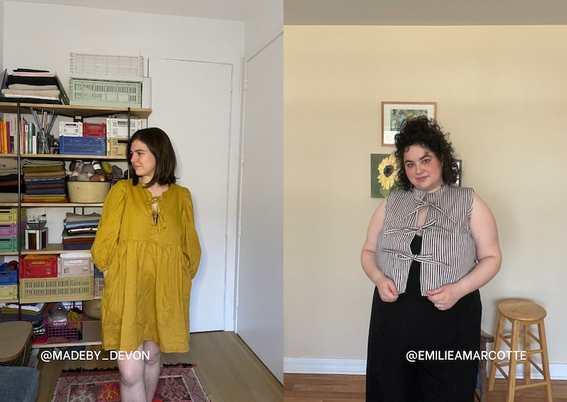 May include: Two women wearing different styles of tops with a bow detail. The woman on the left is wearing a yellow dress with a bow at the neckline. The woman on the right is wearing a striped sleeveless top with a bow at the neckline. Both women are standing in front of a wall.