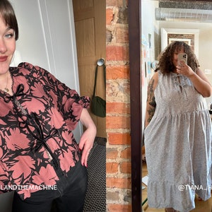May include: Two people wearing tops with a tie detail. The person on the left is wearing a pink and black floral top with a black tie. The person on the right is wearing a gray sleeveless dress with a white tie. The text "@HAZELANDTHEMACHINE" is on the left and "@TIANA_HERRING" is on the right.