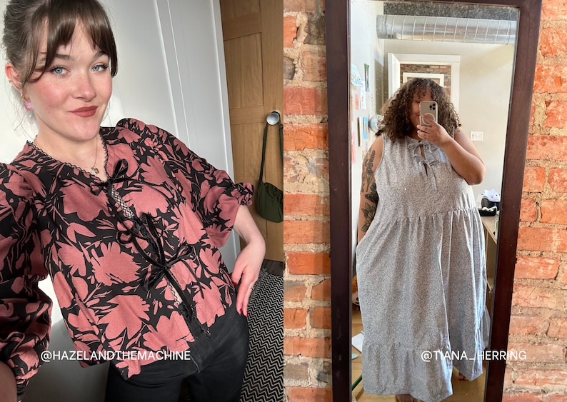 May include: Two people wearing tops with a tie detail. The person on the left is wearing a pink and black floral top with a black tie. The person on the right is wearing a gray sleeveless dress with a white tie. The text "@HAZELANDTHEMACHINE" is on the left and "@TIANA_HERRING" is on the right.