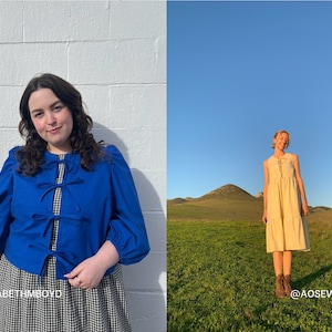 May include: Two women wearing dresses. The woman on the left is wearing a blue top with a bow detail and a black and white gingham skirt. The woman on the right is wearing a yellow dress with a tie detail at the neckline. The text '@ELIZABETHTHBOYD' is at the bottom left of the image and the text '@AOSEWINGCO' is at the bottom right of the image.