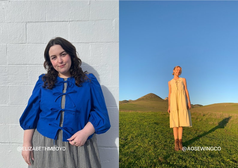 May include: Two women wearing dresses. The woman on the left is wearing a blue top with a bow detail and a black and white gingham skirt. The woman on the right is wearing a yellow dress with a tie detail at the neckline. The text '@ELIZABETHTHBOYD' is at the bottom left of the image and the text '@AOSEWINGCO' is at the bottom right of the image.