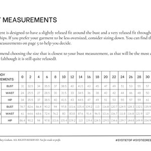 May include: A chart showing body measurements in inches and centimeters for sizes 0 to 34. The chart includes bust, waist, and hip measurements.