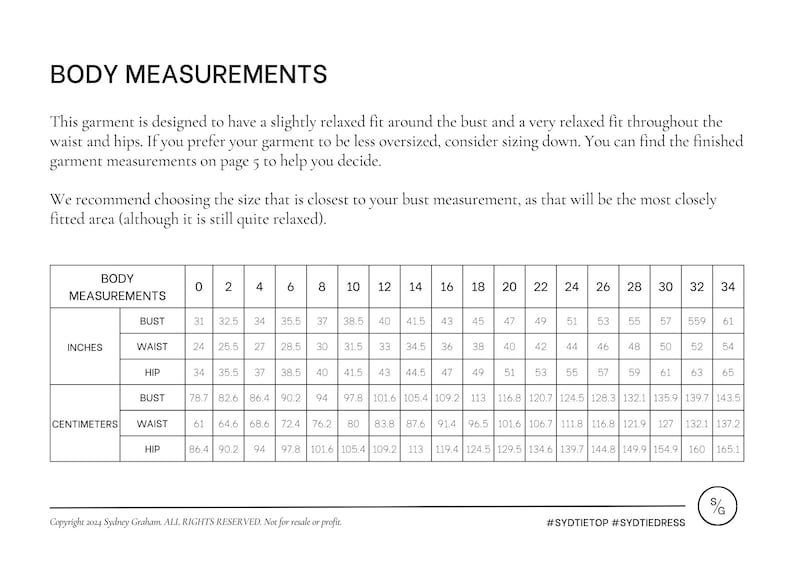 May include: A chart showing body measurements in inches and centimeters for sizes 0 to 34. The chart includes bust, waist, and hip measurements.