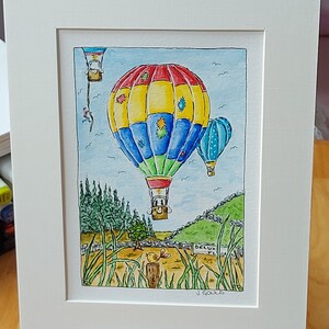 Aquarelle originale, peinture fantaisiste en montgolfière, cadeau pour aéronaute