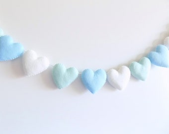 Felt heart garland, blue and mint green felt heart garland, mint heart garland, blue nursery decor, teepee decor