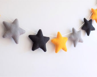 Black mustard grey felt star garland, superhero nursery garland, adjustable star garland, felt star garland