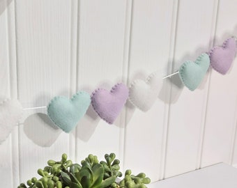 Nursery garland, felt heart garland, lavender and mint, wedding decor, babyshower garland