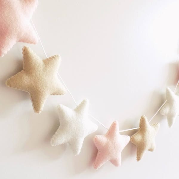 Blush pink and beige felt star garland, pink nursery garland, star garland, felt star garland