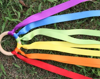 Ribbon Hand Kite,Streamer,Wooden Toy, Wands,Dancing Ring,Wood Rainbow Ring,Gift,Birthday Decor,Kids Party Favor