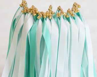 50PCS Handmade Wedding Wands Triple Ribbon and Bells, Wand Streamers,Ribbon Sticks,Bridal Shower Decor,Tropic,Mineral Ice,White