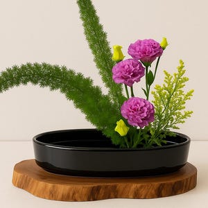 Groot - vintage ovale Ikebana-kom - Namaco (koningsblauw) en glanzend zwart