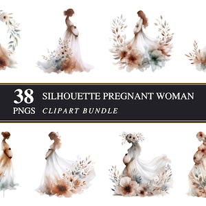 38 PNGs de Silhuetas de Mulheres Grávidas – Pacote de Cliparts em Aquarela | PNG Transparente | Uso Comercial | Arte para Maternidade | Decoração para Chá de Bebê