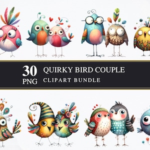 Pareja de pájaros peculiares / / Clipart PNGS / Comercial / Gráficos imprimibles / Fabricación de tarjetas / Sublimación / Decoupage / Pájaros divertidos PNG / Digital