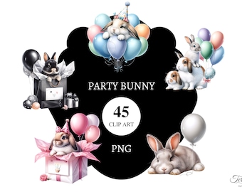 45 Party Bunny l Clipart | Transparent PNG | Commercial License | Printable | Card Making | Birthday Rabbit | Digital