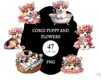 47 Corgi Puppy and Flowers Clipart | Transparent PNG | Commercial License | Printable | Card Making | dog Pngs | Corgis
