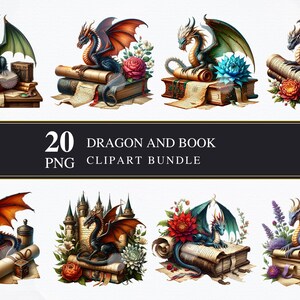 ドラゴンと本 | クリップアート PNGS | 商用 | 印刷可能なグラフィック | カード作成 | 昇華 | デコパージュ | デジタル | ファンタジー | PNG