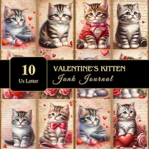 Gatitos de San Valentín / Carta de EE. UU. / Páginas de diario basura / Alta resolución / Papel imprimible / Scrapbooking / Efímeras de gatos / Gato romántico