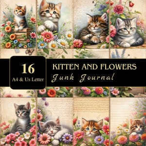 Kitten en bloemen ongewenste dagboekpagina's | US Letter en A4 | Afdrukbare voorraad | Knippen | Plakboeken | Afbeeldingen | Digitaal | Kortstondig: