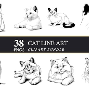 Arte lineal de gato / Paquete de 38 imágenes PNG / Uso comercial / Gato dibujado a mano / Creación de tarjetas / Gráficos de gatos imprimibles / Fondo transparente