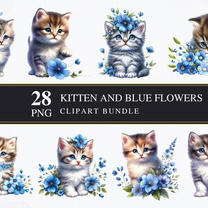 Kitten met blauwe bloemen | Clipart-png's | Commercieel | Afdrukbare afbeeldingen | Kaarten maken | Sublimatie | Knippen | Kat, png-bestand | Digitaal