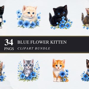 Ensemble PNG de cliparts chaton fleur bleue | Utilisation commerciale | Graphiques imprimables | Fabrication de cartes | Créations en papier | Découpage | Téléchargement numérique