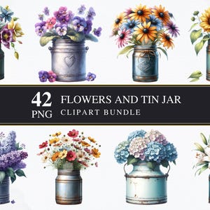 Flores e Jarro de Lata | Clipart PNG | Comercial | Imprimível | Criação de Cartões | Sublimação | Decoupage | Flores Pngs | Gráficos l Transparente