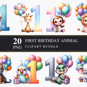 Erster Geburtstag Tiere | Clipart PNG | Gewerblich | Druckbare Grafiken | Kartengestaltung | Sublimationsdruck | Serviettentechnik | Digital | Geburtstag PNG