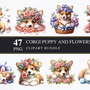 Corgis Welpe und Blumen | Clipart PNG | Gewerblich | Druckbare Grafiken | Kartengestaltung | Sublimationsdruck | Serviettentechnik | Digital | Hund | PNG