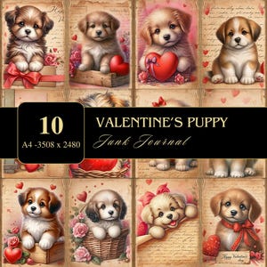 Valentinstag Welpen | DIN A4 | Junk Journal Seiten | Hohe Auflösung | Druckbares Papier | Scrapbooking | Welpe Ephemera | Romantischer Hund